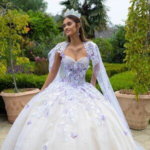 New Formal Floral Embellished Long Quinceanera Gown w/ Shoulder Capes GL3501